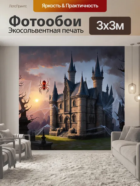 Фотообои старинный замок, покрытый паутиной, в котором огромный красный паук наблюдает за закатом