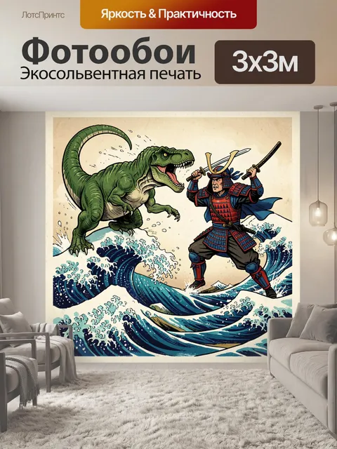 Фотообои Самурай с мечами и динозавр