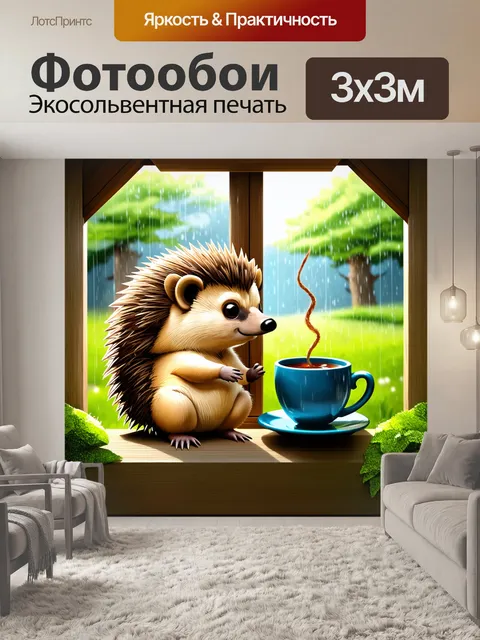 Фотообои ежик, наблюдающий за дождем через окно своей маленькой домика в лесу, с чашечкой чая в лапках