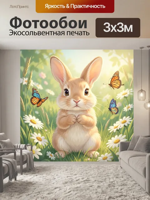 Фотообои Милый кролик среди ромашек