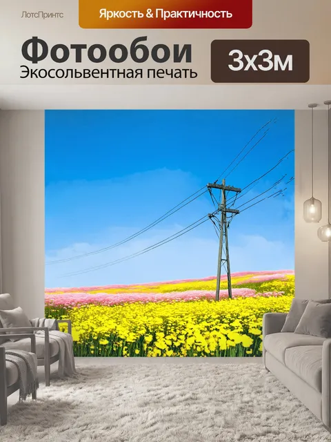 Фотообои линии электропередач резко контрастируют с ярким летним небом, распахнувшимся над цветущими лугами