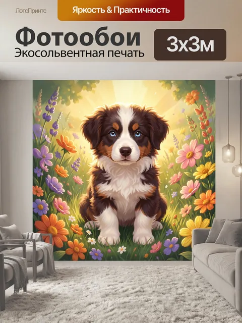 Фотообои Щенок в цветущем саду