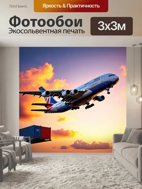 Фотообои гигантский грузовой самолет, зависший в воздухе, чтобы выгрузить контейнеры на фоне ярких закатных облаков