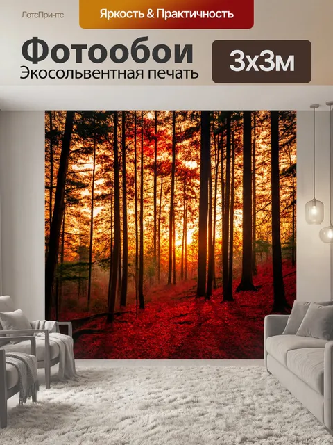 Фотообои вечерний лес, закат, оранжевые и красные оттенки, спокойная атмосфера, вечерняя тишина