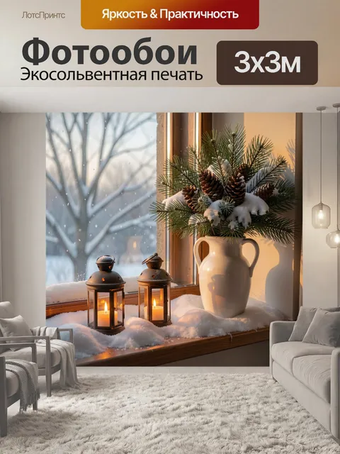 Фотообои Зимний подоконник с еловой композицией