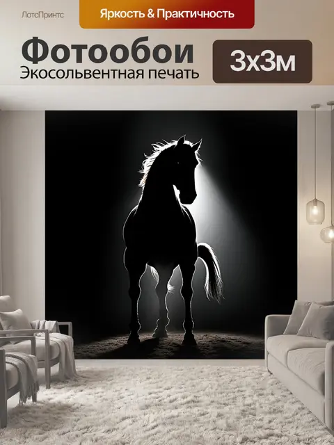Фотообои Силуэт лошади, стоящей на задних ногах, на фоне сильного контраста света и тени