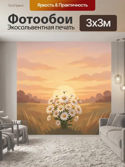 Фотообои Ромашки в поле на закате