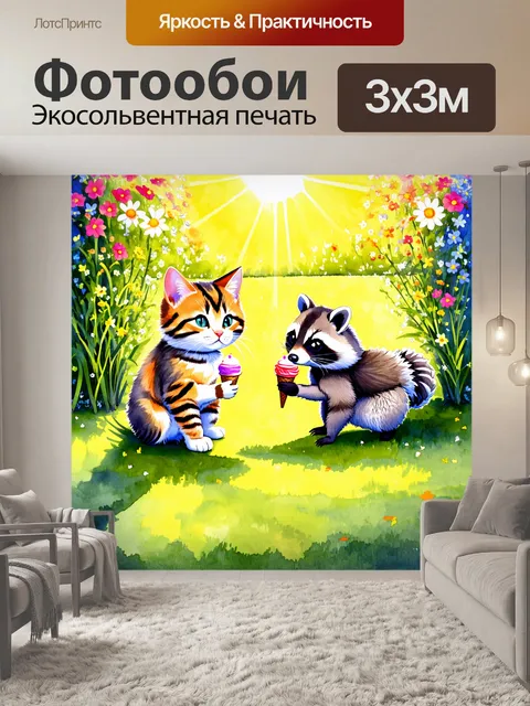 Фотообои промт: "кот и енот на заднем дворе девочек едят мороженое под солнцем