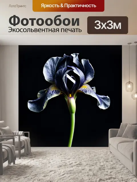 Фотообои цветы в стиле готический с черными ирисами и серебристыми огнями, вспыхивающими в ночи