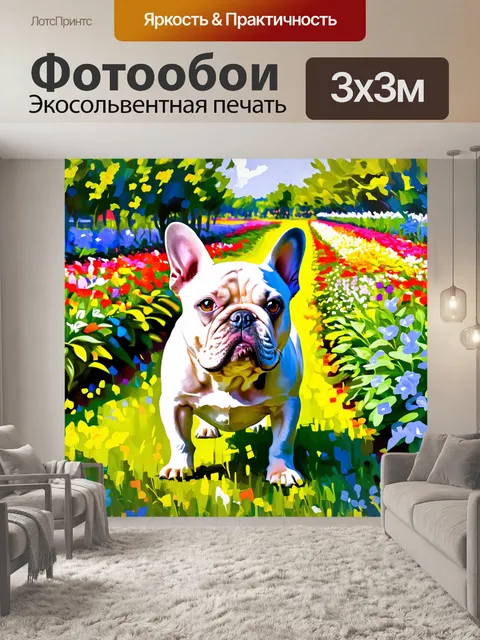 Фотообои забавный французский бульдог, исследующий цветущий сад, выполненный в технике импрессионизма