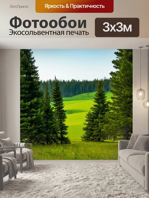 Фотообои лес с сосновыми борами и зелеными лугами вдали