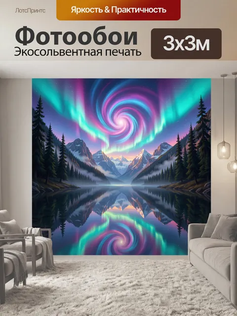 Фотообои Северное сияние над горным озером