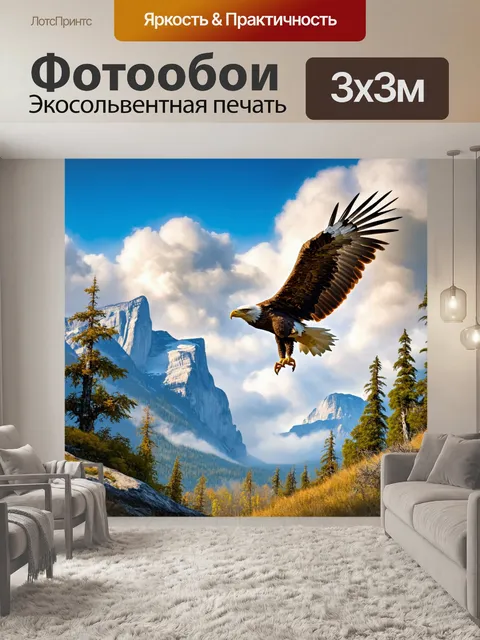 Фотообои животные в стиле романтизм, величественный орел, парящий над горами и лесами, облака вокруг
