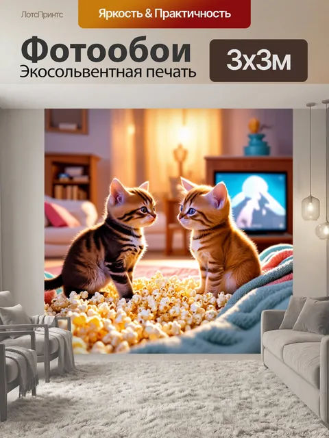 Фотообои уютная встреча двух котят, которые смотрят фильмы, окруженные попкорном и пледами, в домашней обстановке