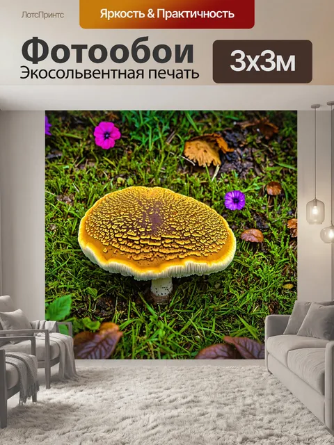 Фотообои грибы плесневые, покрывающие поверхность старой лужайки, с яркими цветами и листьями вокруг
