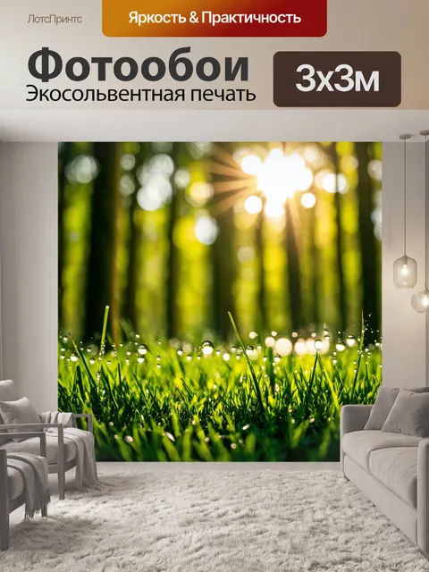 Фотообои искрящиеся капли росы на траве утром, яркое солнце