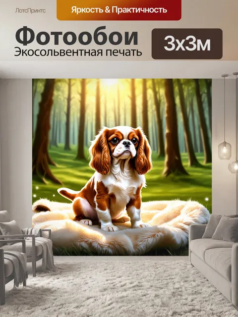 Фотообои кавалер кинг чарльз спаниель сидит на мягком покрывале в лесу