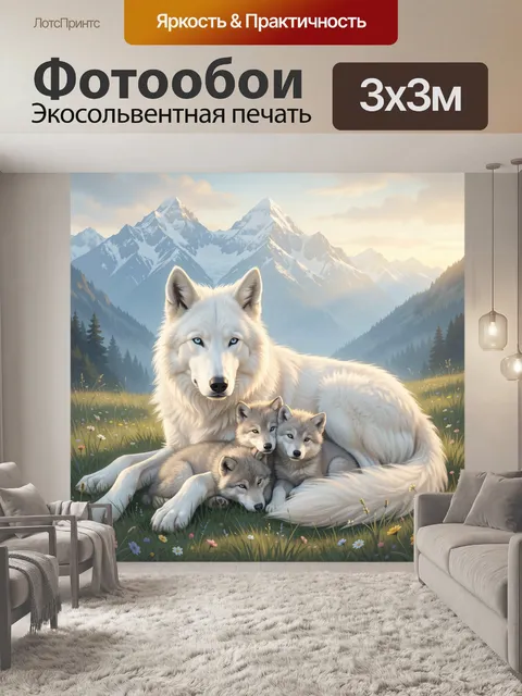 Фотообои Белая волчица с волчатами в горах