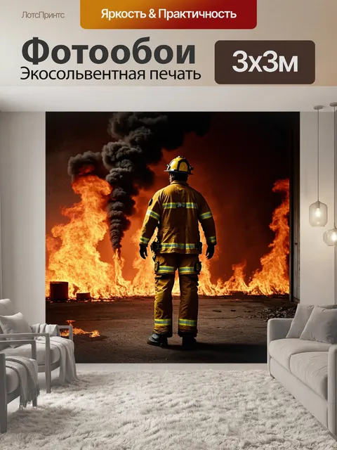 Фотообои пожарный, который защищает склад с горючими веществами, его комбинезон ярко сверкает на фоне черного дыма