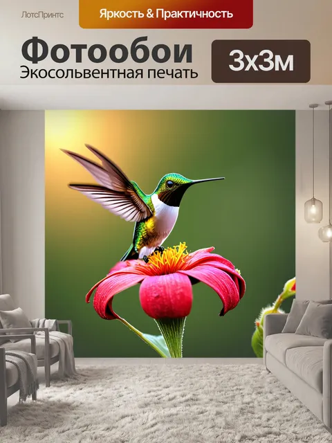 Фотообои изображение зеленого колибри, разбивающего на ветку цветка под вечерним светом