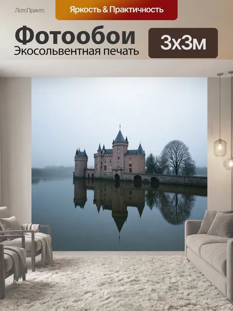 Фотообои туман в стиле ретро: старинный замок, отражённый в озере, затянутом туманом