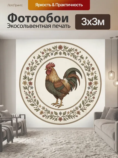 Фотообои Петух в цветочном медальоне