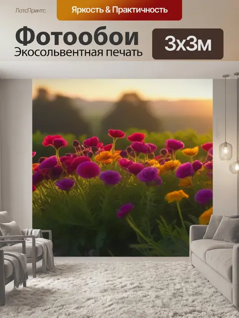 Фотообои пейзаж с яркими цветами на утреннем солнце