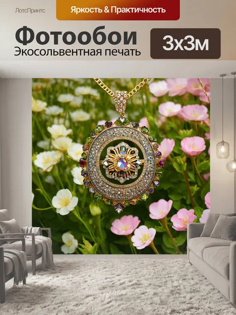 Фотообои стильные броши и ожерелья на фоне цветущих садов