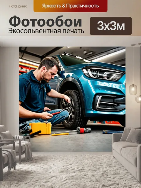 Фотообои сцена механика, работающего над автомобилем в мастерской, с инструментами, разбросанными вокруг, в стиле…