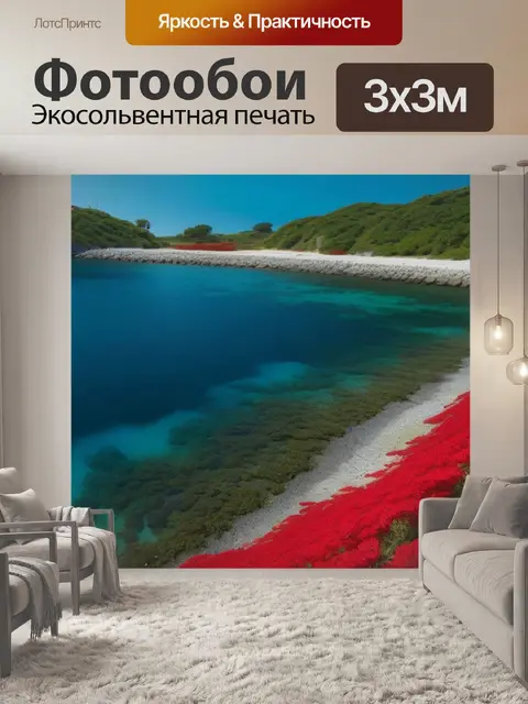 Фотообои остров с красными цветами у моря