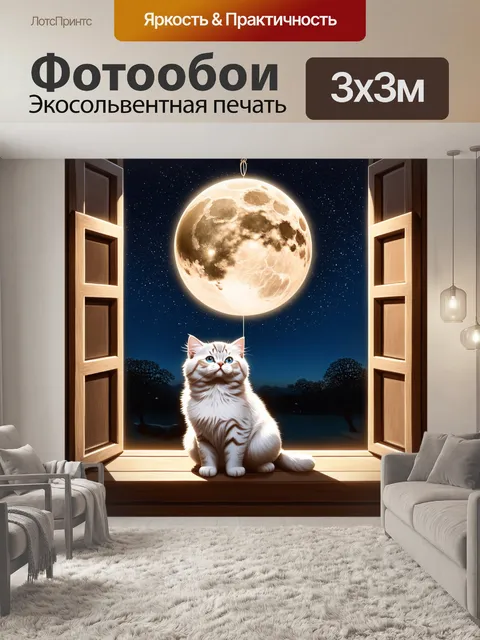 Фотообои Кота с белой пушистой шерстью, сидящего у открытого окна