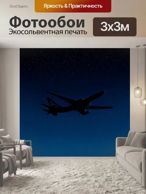 Фотообои ночной полет boeing через звездное небо, где виден только силуэт самолета на фоне ярких звезд