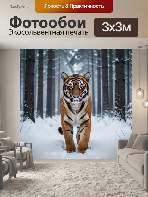 Фотообои Тигр с яркой оранжево-черной полосатой шерстью стоит в заснеженном лесу с высокими темными деревьями на фоне