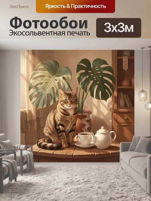 Фотообои Табби кот у чайного стола