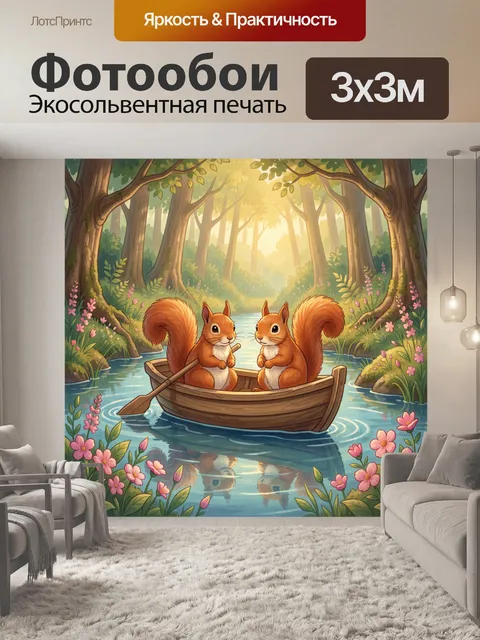 Фотообои Белки в лодке на лесной реке