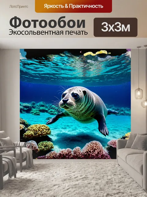Фотообои **серый тюлень, величественный и мощный, плывет в кристально чистой воде, с коралловым рифом на заднем…