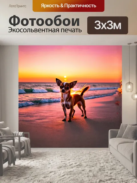 Фотообои маленькая чихуахуа, стоящая на берегу моря, с легким ветерком, который поднимает её шерсть