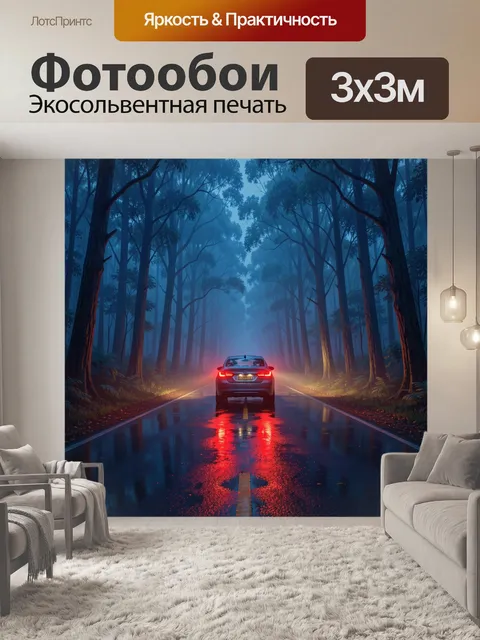 Фотообои Автомобиль на мокрой лесной дороге