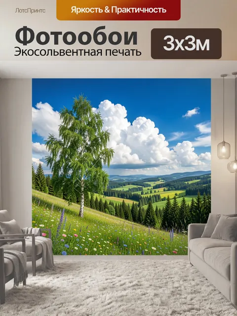 Фотообои Одинокая берёза с белой корой и пышной зелёной кроной на переднем плане