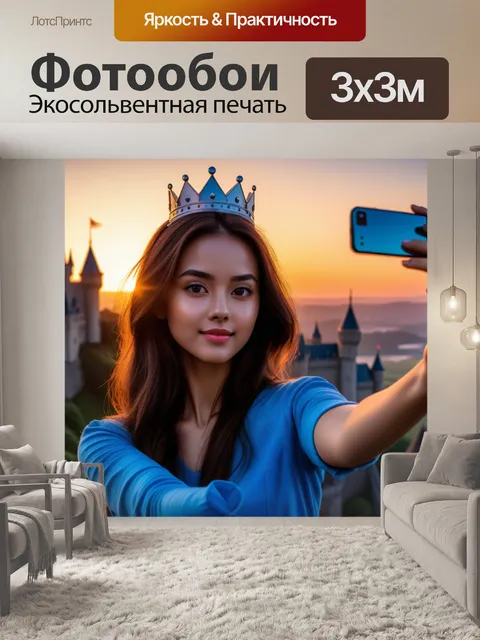 Фотообои замок на закате, принцесса делает селфи