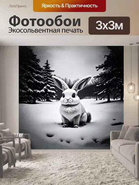 Фотообои в центре изображения — зловещий кролик с черными глазами и белой шерстью, покрытой легким слоем снега