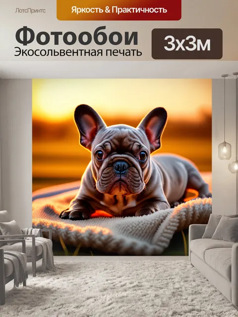 Фотообои величественный французский бульдог щенок, лежащий на уютном пледе в лучшем свете заката, его окрас мягко сияет