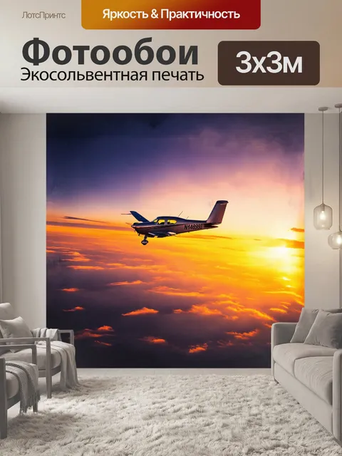 Фотообои взлет маломоторного самолета на фоне потрясающего заката