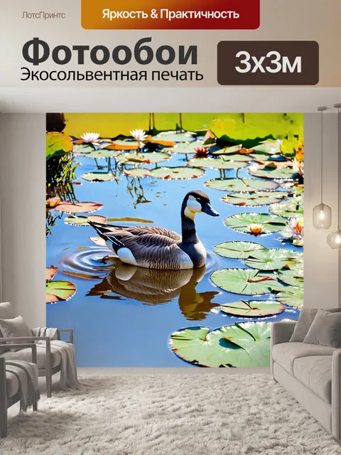 Фотообои мартин гусь исследует идиллические окрестности у пруда, заполненного плавающими листьями и кувшинками
