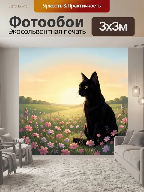 Фотообои Черный кот на цветочном лугу