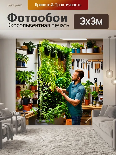 Фотообои садовод создает вертикальный сад в своей мастерской с разнообразными растениями и инструментами для работы
