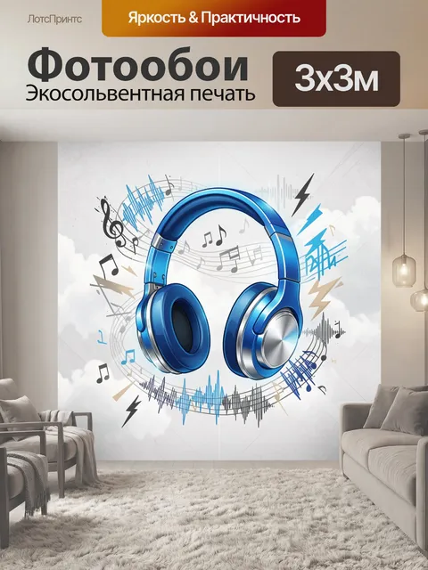 Фотообои Синие наушники с музыкальными нотами