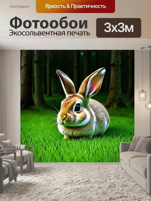 Фотообои лесной кролик, уставший после долгого дня, укрывающийся в ярко-зелёной траве