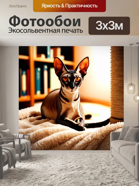 Фотообои уютная обстановка, где ориентальная короткошерстная кошка уютно расположилась на мягком пледе рядом с…