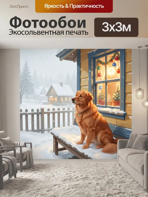 Фотообои Ретривер на снежной веранде